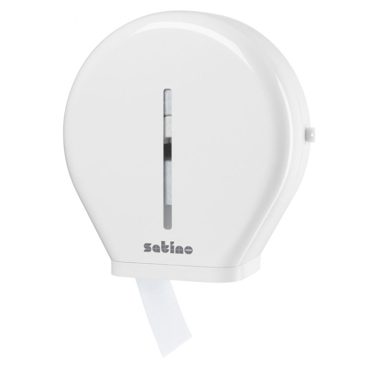 DOZOWNIK DO PAPIERU TOALETOWEGO W MINI JUMBO ROLI MAŁY BIAŁY PLASTIK SATINO